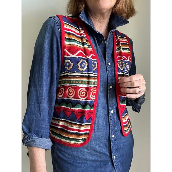 Vintage 80s Linen Graphic Print Vest Size Small Red Blue Green Artsy India Vibe - Picture 5 of 7